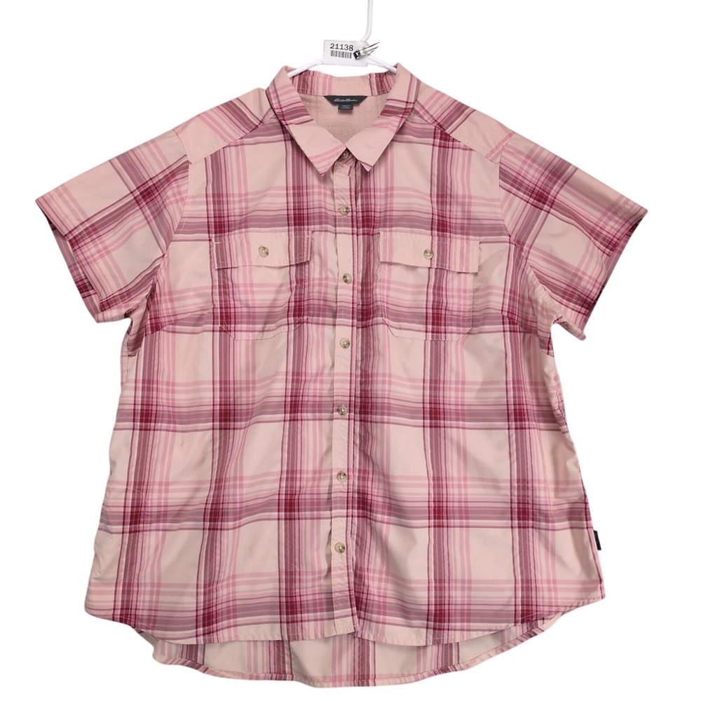Eddie Bauer Pink Plaid Short Slv Button Up Shirt Women's XXL Outdoors Gorpcore